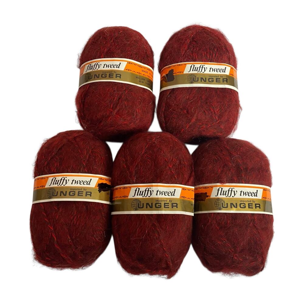 Unger Fluffy Tweed Yarn Red 714 Acrylic France Lot 5 Skeins Vintage DIY Kit